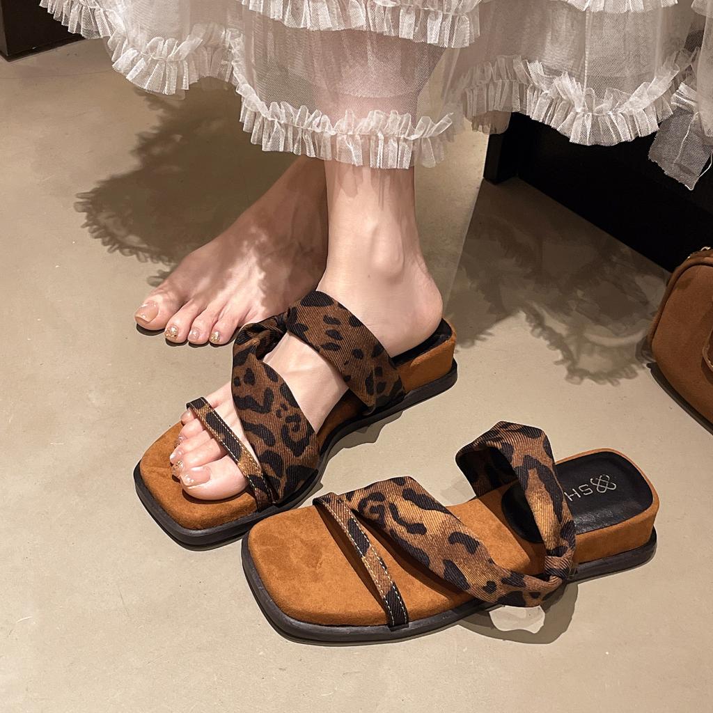 Wedge Heel French One-word with Open-toe Sandals for Women In Summer 2025, New Versatile Two, Wearing Leopard Print One-word Slippers for Women
