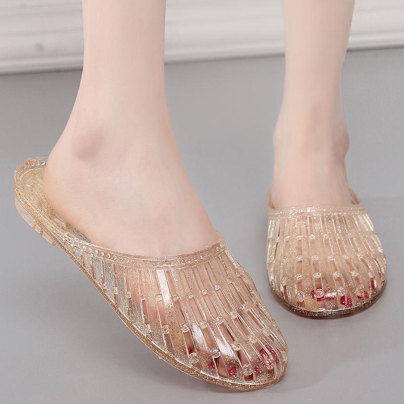 Women's Trendy Crystal Cool Non-Slip Slippers - Versatile Closed-Toe Hollow Design for Shower & Bathroom.