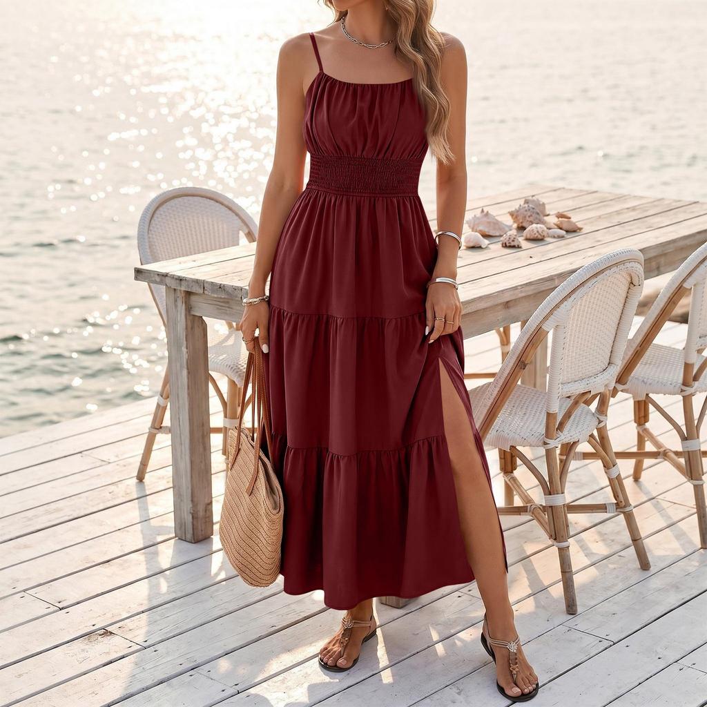 Women’s Sleeveless Smocked Waist Maxi Dress with Spaghetti Straps and Side Slit for Summer Beach and Vacation Wear