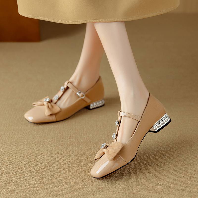 Krazing Pot Sheepskin Summer Size 40 Crystal Low Heels Butterfly-knot Rhinestone Flowers Square Toe Elegant Sweety Pumps