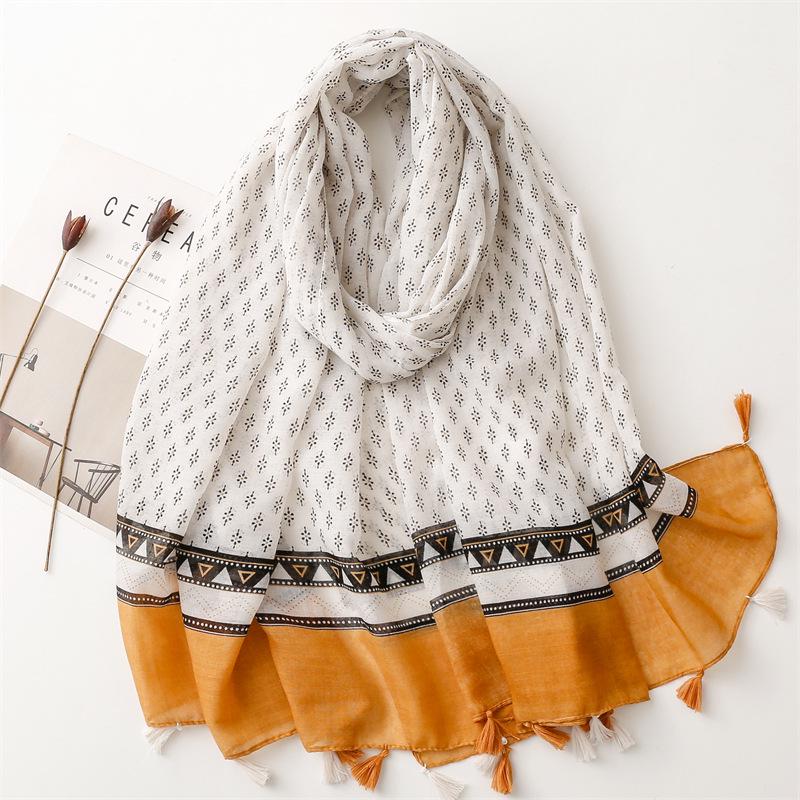 Bali Yarn Cotton-Linen Scarf: Fresh Solid Color, Fruit Green & Bright Yellow Leaf Print with Tassel Detail