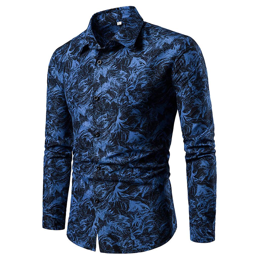 Spring And Summer Men's Casual Pattern Stand Collar Button Long Sleeve Shirt