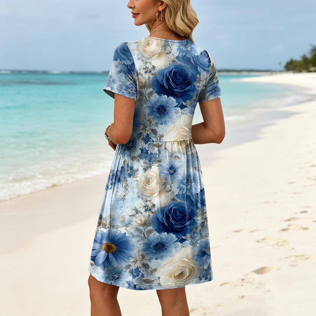 Women’s Short Sleeve Floral Print Casual Loose Fit Dress Crew Neck Soft Comfortable Fabric Summer Style Dress