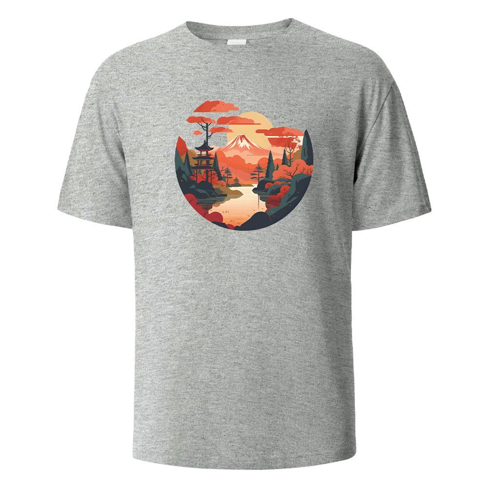 Mount Fuji Print T-Shirt Lässig Kurzärmlig Streetwear Basic Oberteile Sommer Tees Für Männer Frauen 100% Baumwolle O-Ausschnitt Übergröße