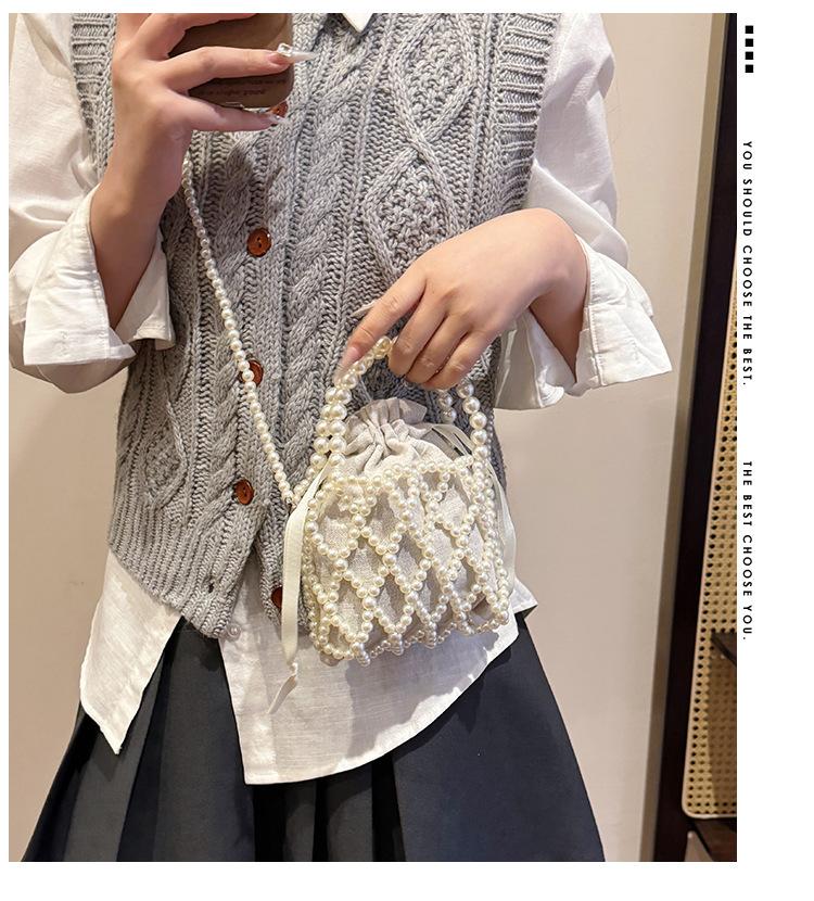 Handmade Beaded Pearl Bucket Phone Bag, Hollow Lace Design Crossbody Purse for Women, Elegant Mini Handbag