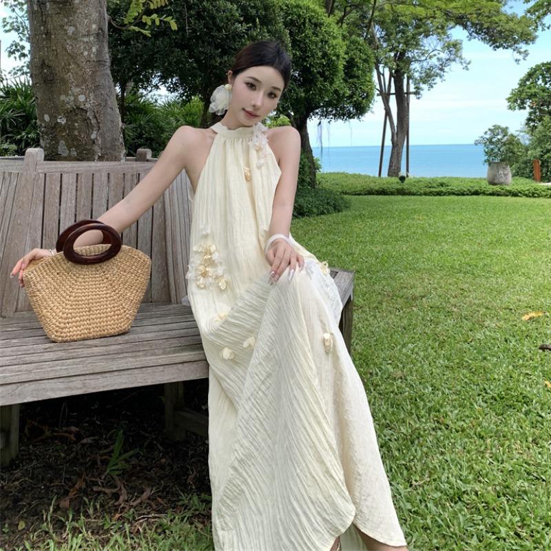 Summer New Elegant Flower Neck Pleated A-Line Loose Dress