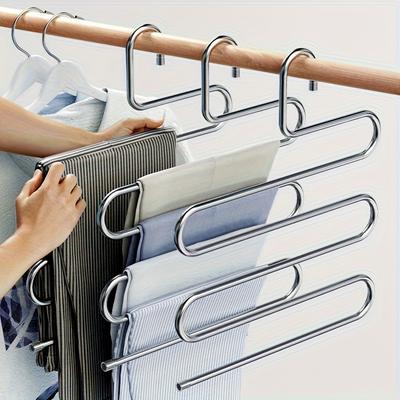 5-Tier Stainless Steel S-Shaped Space-Saving Closet Organizer - Non-Slip No-Mark Metal Pants Hanger for Jeans, Trousers & Skirts
