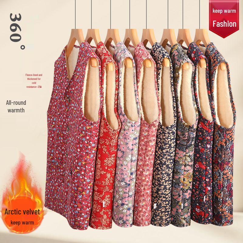 Květinová fleecem podšitá teplá vesta pro ženy středního a staršího věku