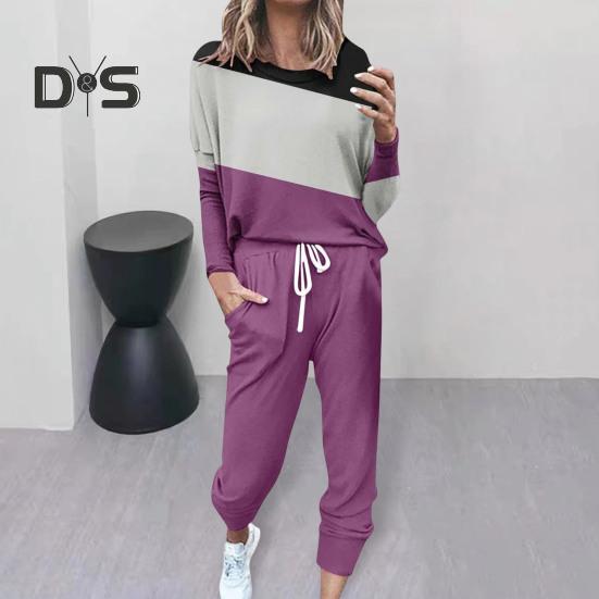 2 Pcs/Set Women Top Pants Suit Round Neck Long Sleeves Colorblock Sport Sweatshirt Drawstring Elastic Waist Trousers Fitness Outfit Fall Spring