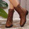 Fall New Vintage Soft Sole Mid-Tube Boots Versatile Round Toe Metal Buckle Side Zipper Flat Lace-Up Fashion Boots