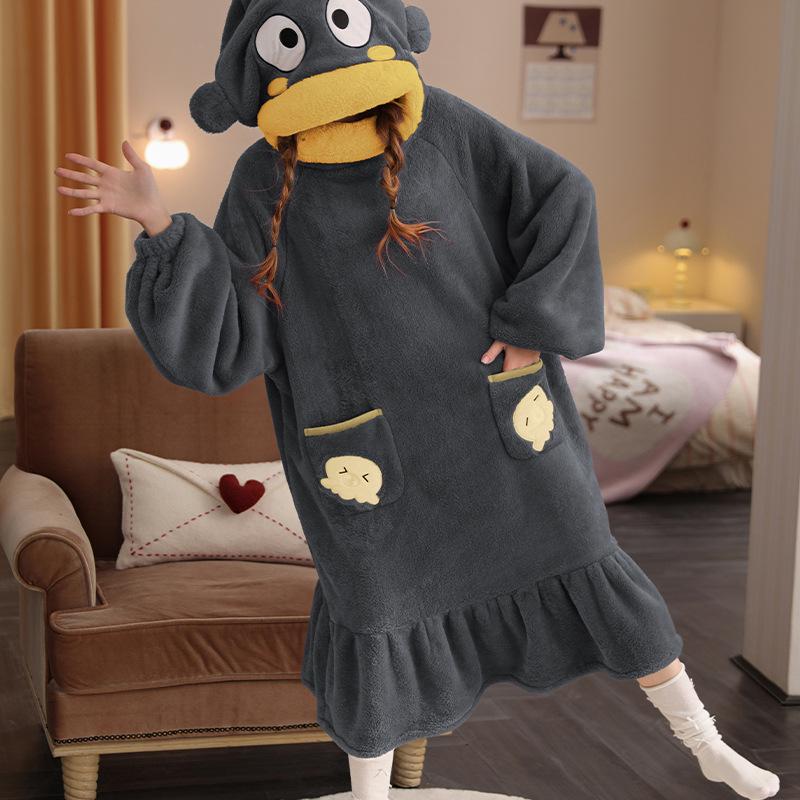 Rouxian Women's Cozy Coral Fleece Hooded Pajamas & Bathrobe for Autumn/Winter