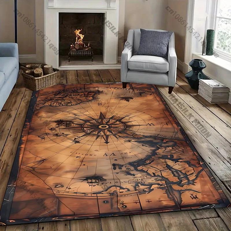 Medieval Vintage Ocean Map Printed Carpet Large Sizes Area Rugs for Bedroom Gaming Room Office Non-Slip Mat Ten Festivals Gift