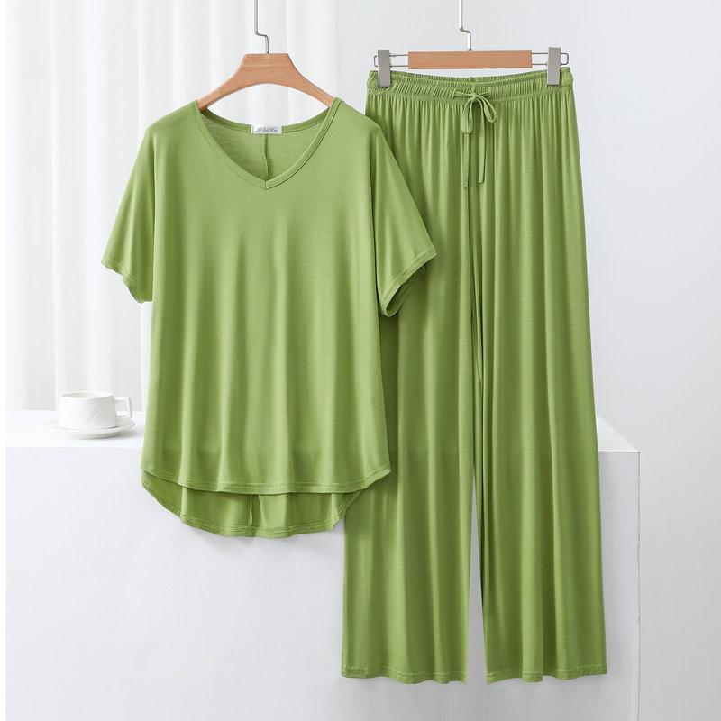 Summer Modal Homewear 2 Piece V-Neck Short Sleeve Tshirt and Wide Leg Pant Ankle Length Loose Sleepwear Set Comfort Pajama Sets