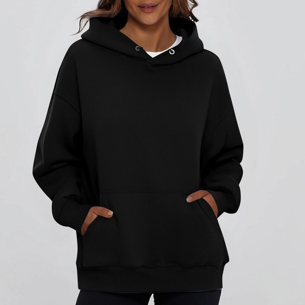 Ladies' Fashionable Solid Color Casual Hooded Pocket Long Sleeved Top