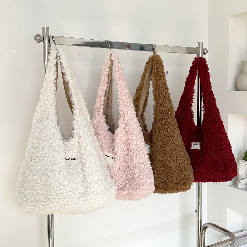 Simple Solid Color Faux Lamb Wool Women's Shoulder Bags Fall Winter Versatile Female Handbags Large Capacity Ladies Tote Bag