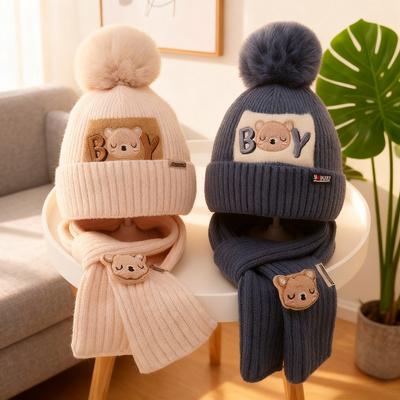 Autumn/Winter Children's Bear-Print Knit Hat for Girls Cotton-Lined Baby Hat & Scarf Set