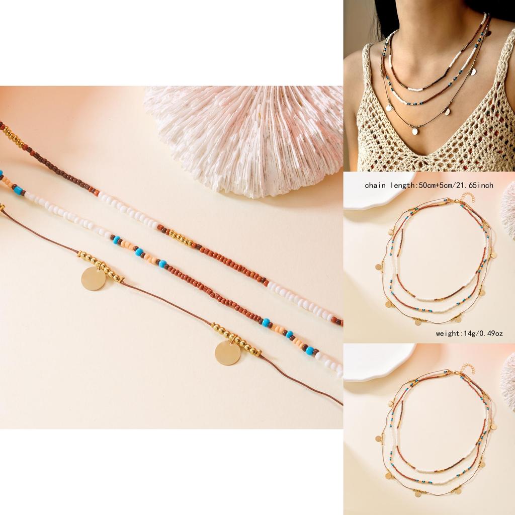 Bohemian Style Multilayer Beaded Necklace With Geometric Elements For Women