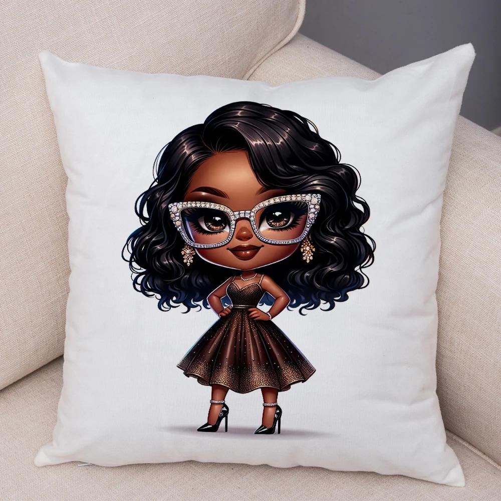 Fashion Cartoon African Girl Pillow Case Soft Plush Cushion Cover for Sofa Home Decor Cute Black Women Throw Pillowcase