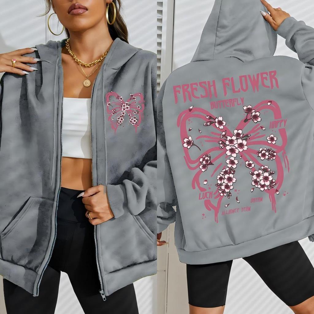 Frische Blume Schmetterlinge Prints Damen Reißverschluss Hoodie Hip Hop Fleece Lässiger Lockerer Kapuzenpullover Herbst Bequeme Streetwear