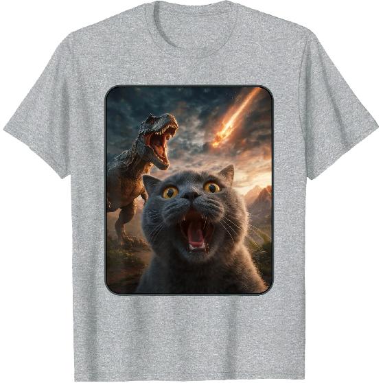 Cat Selfie with T-Rex Dinosaur Funny Cat T Rex Shirt Meme T-Shirt