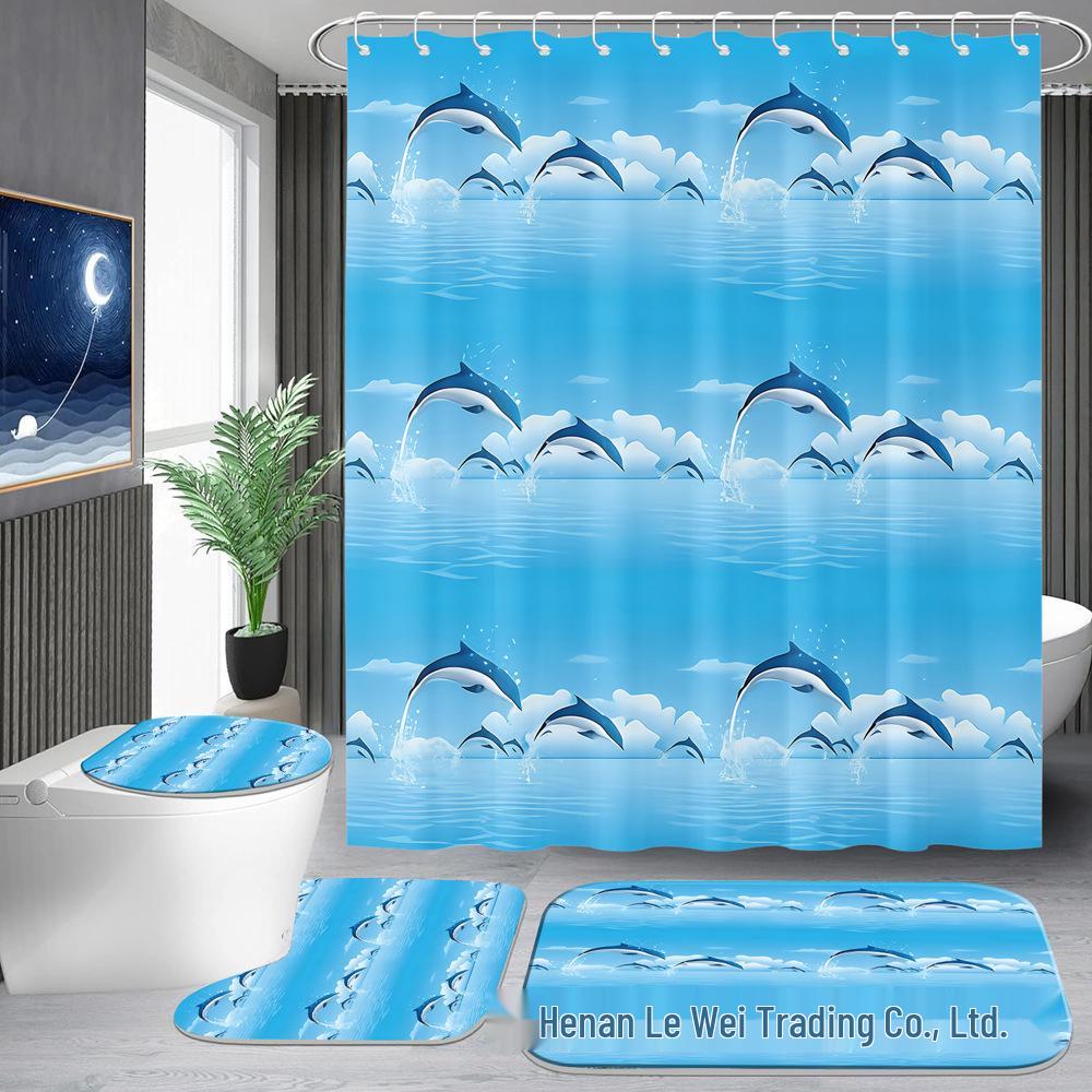 Blue Dolphin Pattern Waterproof Polyester Shower Curtain with 12 Hooks