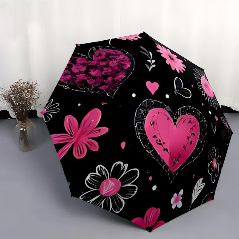 1pc Heart Flowers Pattern Automatic Umbrella Portable Home Essential Umbrella, Iron Umbrella Structure Suitable for All Seasons Yy251123117
