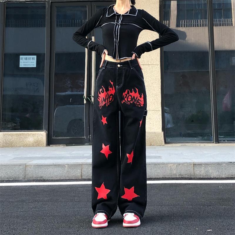 Hip Hop Vintage Women Black Red Jeans Streetwear Fashion Pants Star Painted High Waist Wide Leg Straight Casual Loose Trousers