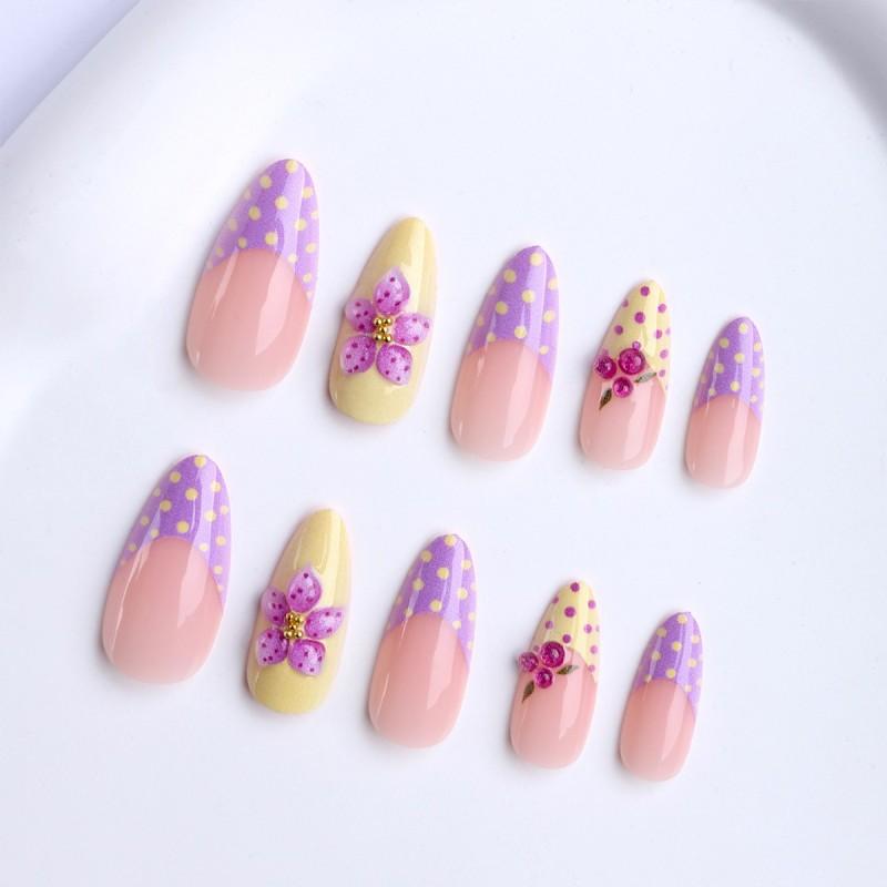 3D Gel Nail Tips With Floral Polka Dot French Almond Shape Press-On Nails Women