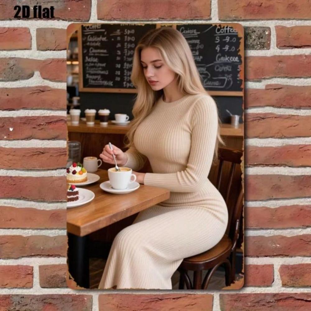 Vintage Elegant Lady With Dessert Metal Sign Rustic Kitchen Wall Decor 8x12 Inch Black Tin Plaque