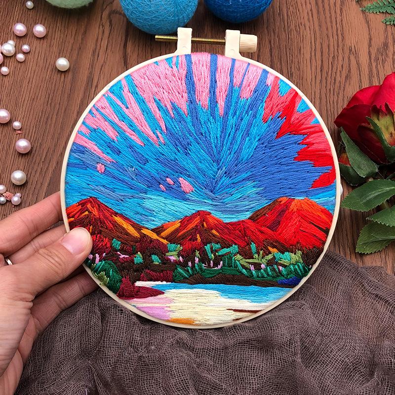 1 PC Landscape Oil Painting Pattern Embroidery DIY Fabric Craft Set with Tools