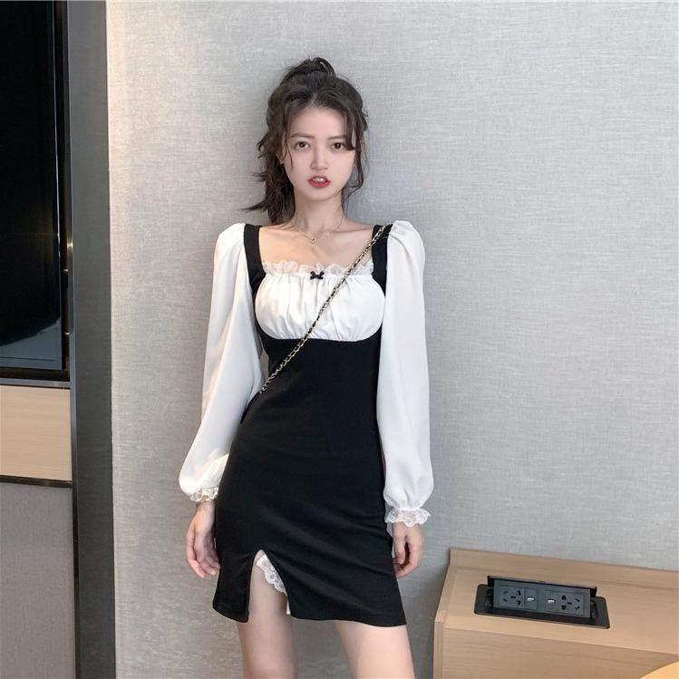 Kontrastní barva Čtvercový výstřih Krajka Krajka Bublina Rukáv Šaty Rozparek Zeštíhlení pasu