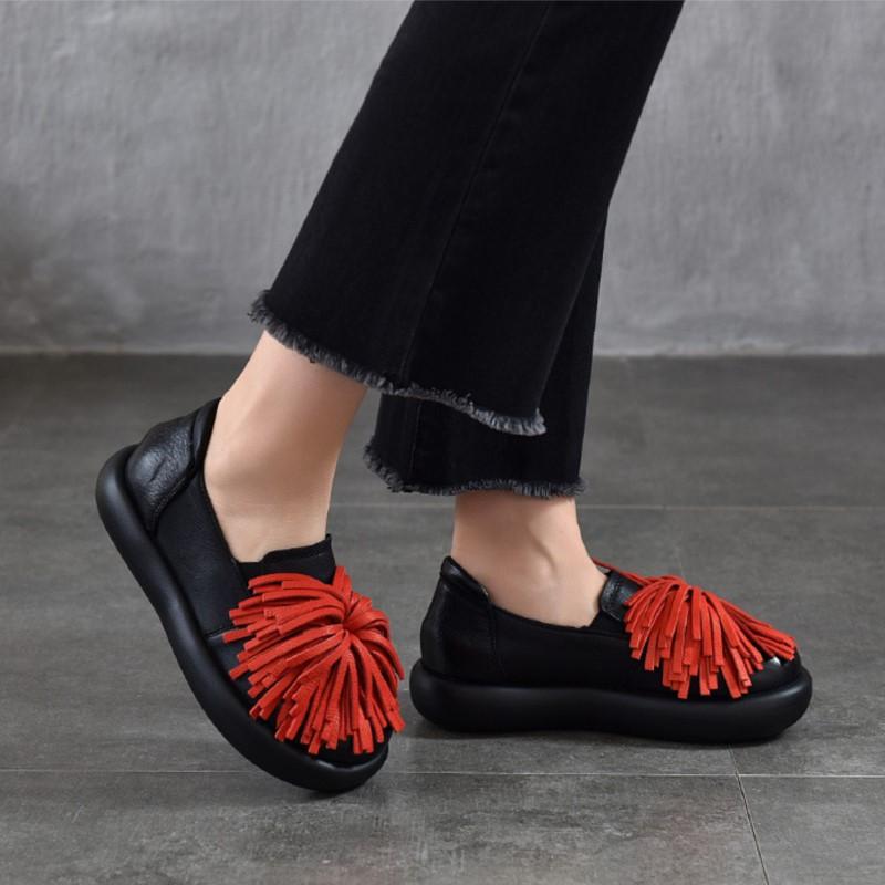 Johnature Genuine Leather Thick Soled Women's Shoes Comfortable Retro Handmade Tassel Slip-on Shoes