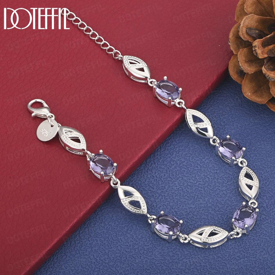 

Браслет из стерлингового серебра 925 пробы с фиолетовым цирконом AAA, подарок, свадебная модная ювелирная бижутерия 20cm