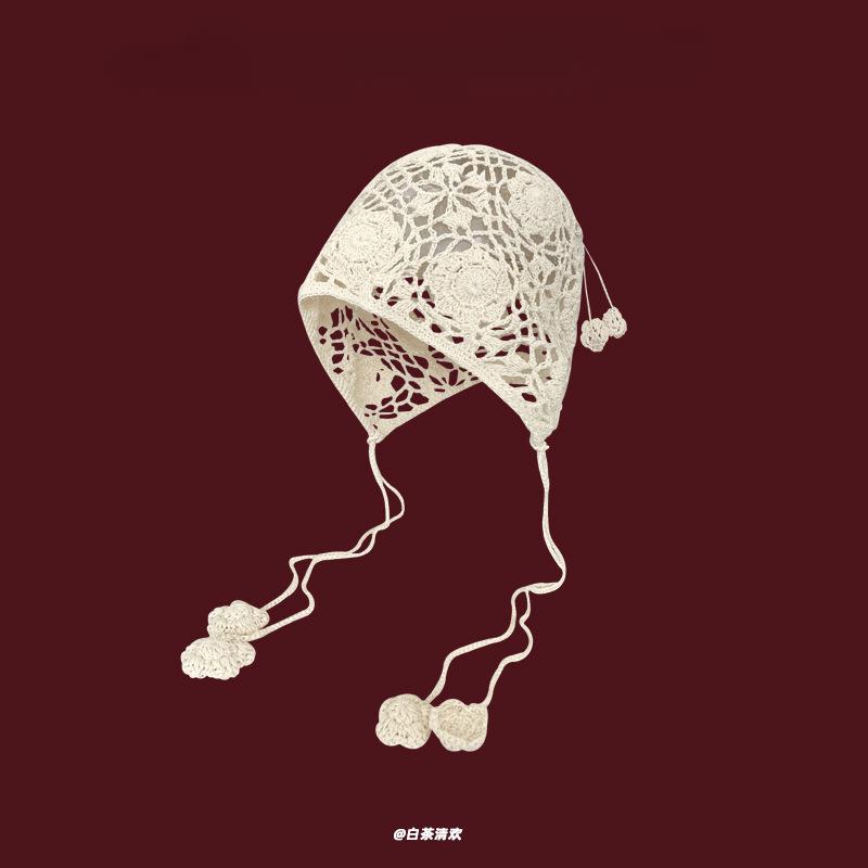 Fashion Handwoven Hollow Baotou Hat Women's Crochet Ethnic Style Tassel Ear Protector Strap Sleeve Knitted Hat