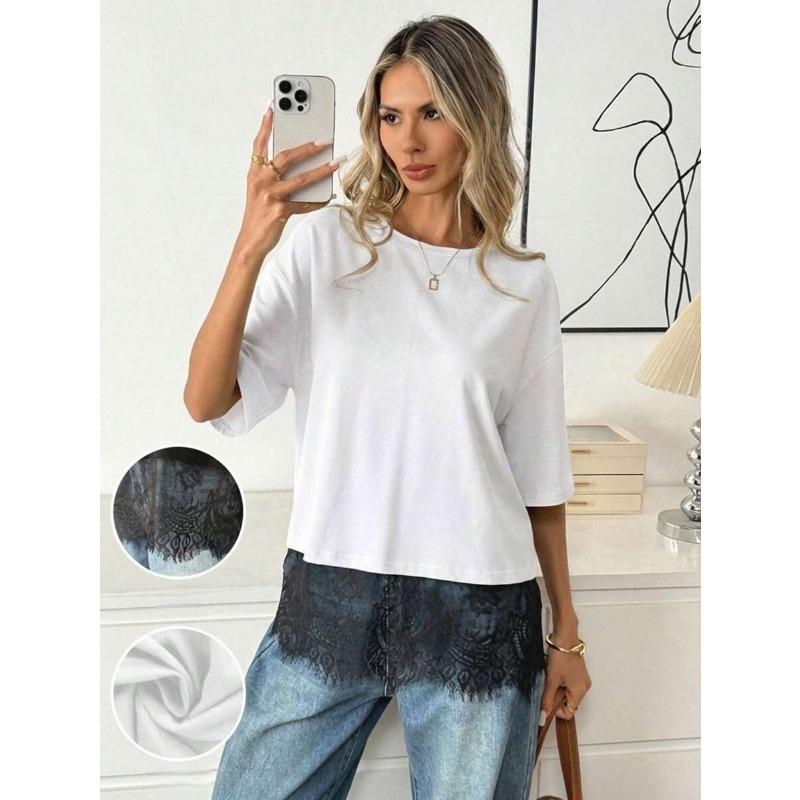 Summer Lace Splicing Loose Women's T-shirt New Round Neck Fashion Blouse Solid Color Tees Short Sleeve Elegant Office Long Tops Female Basic Clothing