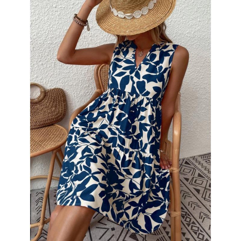 Elegant Sleeveless V Neck Floral Print Boho Mini Dress Summer Ruffle A Line Party Tank Dress Large Size Women Casual Loose Oversize Beach Sundress