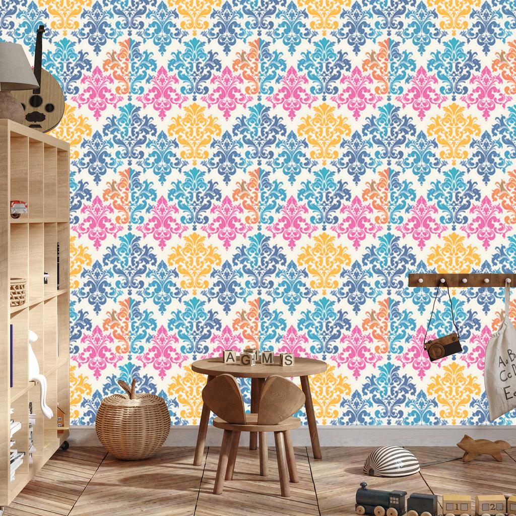 Baroque Damask Wallpaper in Blue, Cream and Powder Pink 50x1000