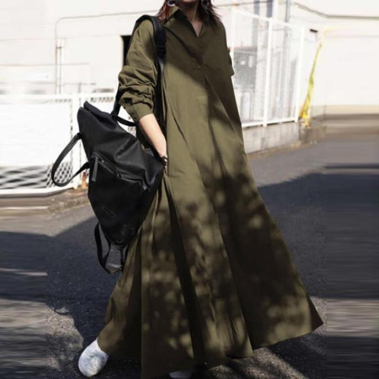 Loose Plain Maxi Blouse Dress Women Long Sleeve Turn Down Collar Shirt Dress
