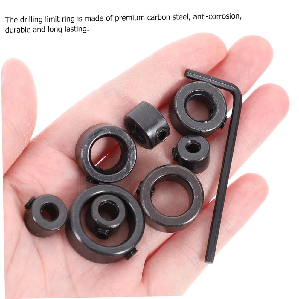 Drill Depth Stop Bit Collar Set Adjustable Positioner Limit Ring Allen Wrench Tighten The Stopper Set-Screws Woodworking Tool