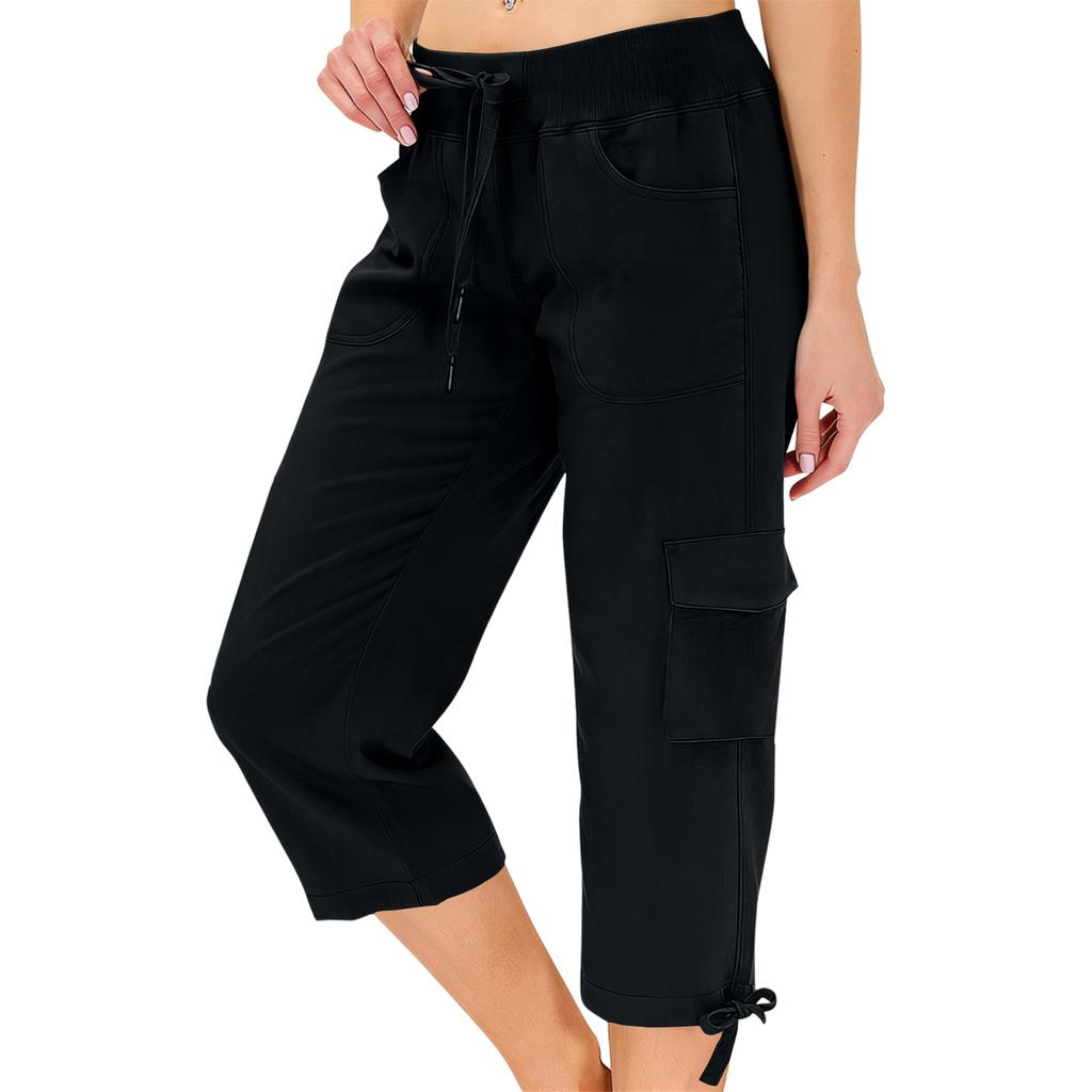 Women’s Loose Fit High Waist Elastic Waistband Lightweight Hiking Pants with Dual Pockets and Drawstring Capri Length for Outdoor Activities