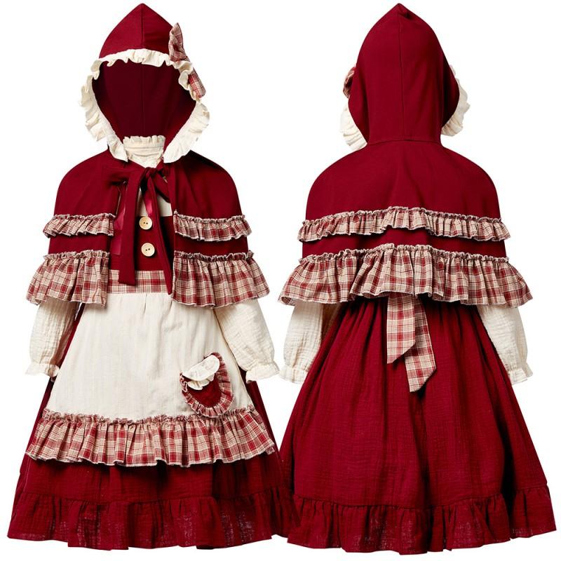 Little Red Riding Hood Costume Kids Vintage Dress Fairy Tale Halloween Role Play Outfit