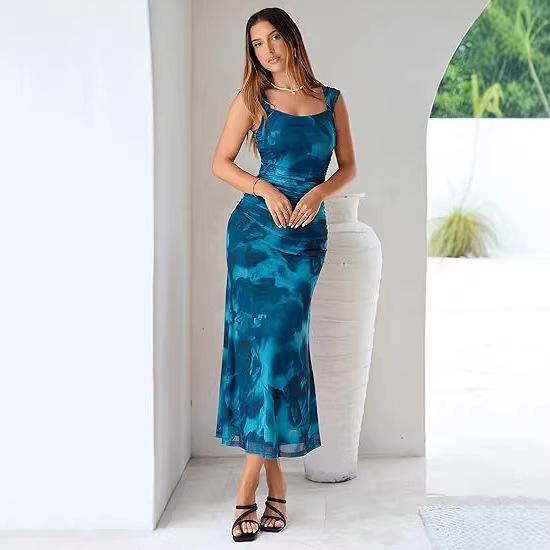 New European and American Sexy Floral Suspender Dress Women's Summer Seaside Vacation Atmosphere Backless Beach Dress