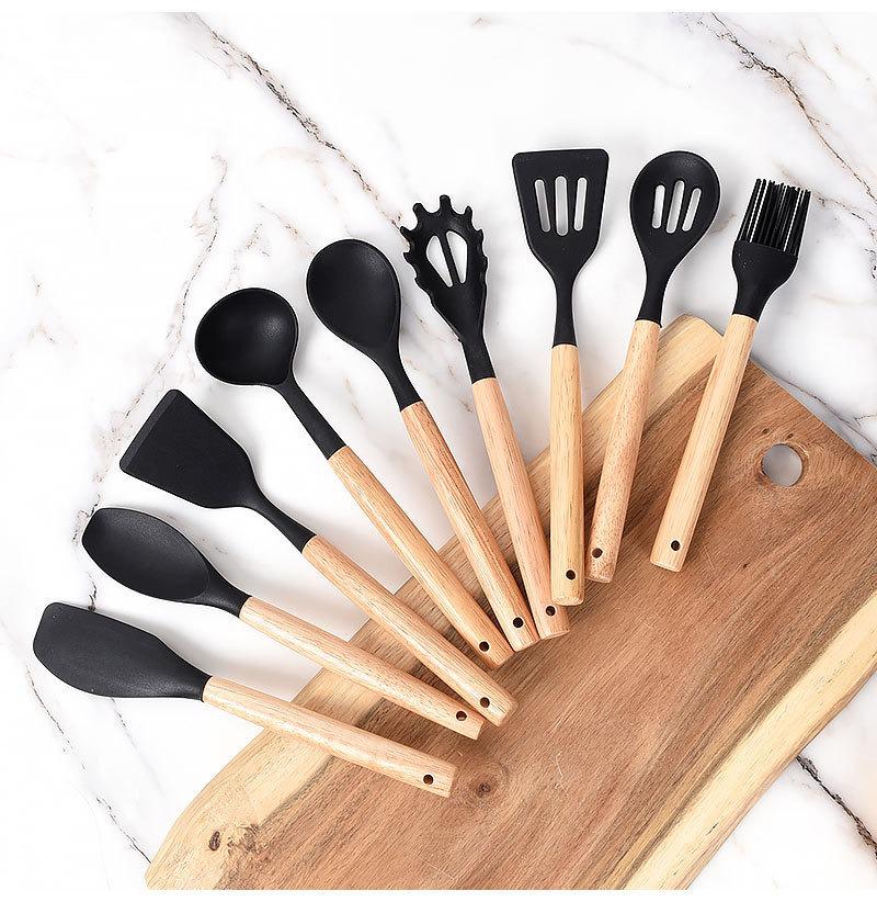 12-Piece Silicone Kitchen Tool Set: High-Temp Resistant Non-Stick Utensils with Wooden Handles, Includes Spatulas and Soup Ladle