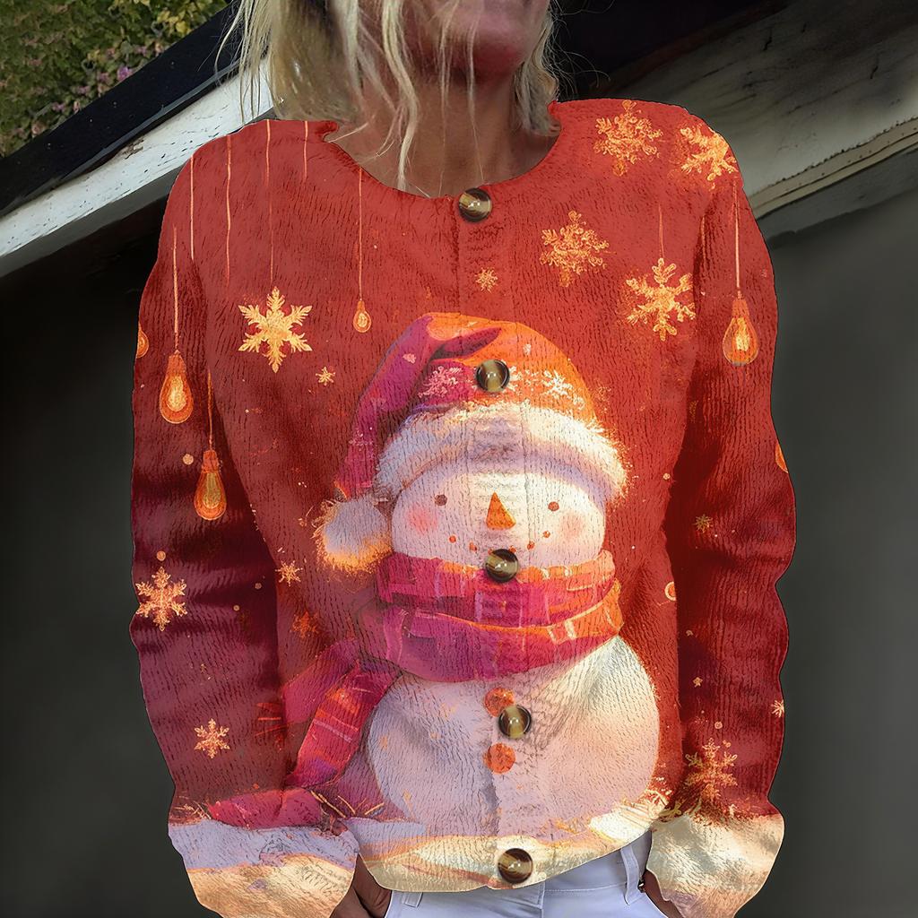 Women's Fashion Christmas Printed Long Sleeve Knitted Cardigan Button Down Jacket