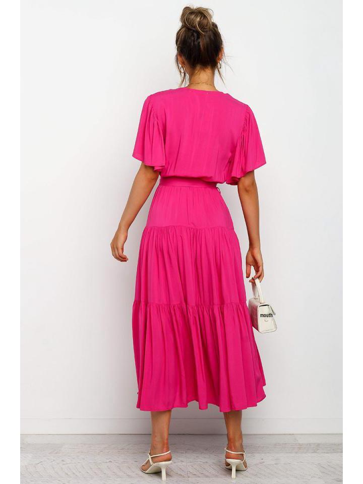 Böhmisches V-Ausschnitt Druck Kurzarm Taillenbetontes Langes Kleid Verfügbar