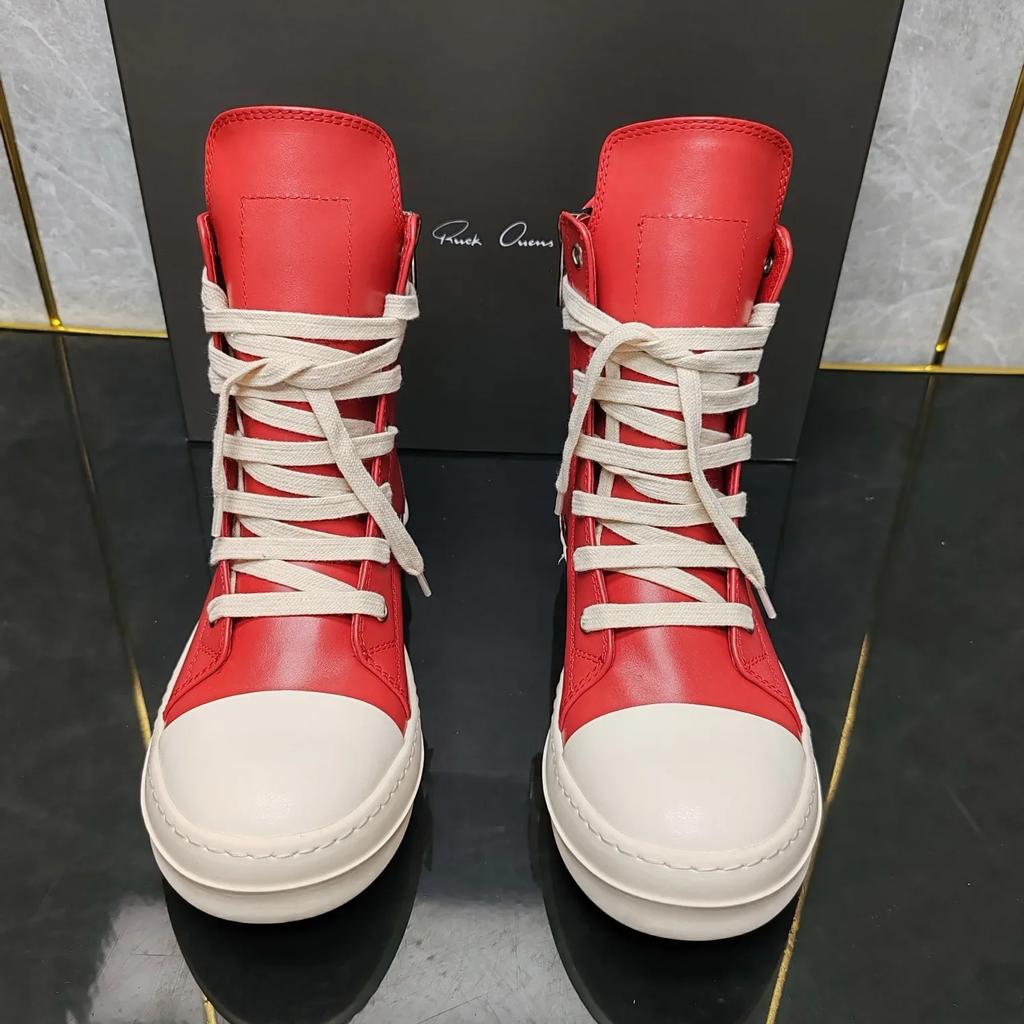 Top quality thick bottom ow-ens Classic Red Ribbon High-top Shoes Top Leather Boots Harajuku Wind High Street Couple Shoes