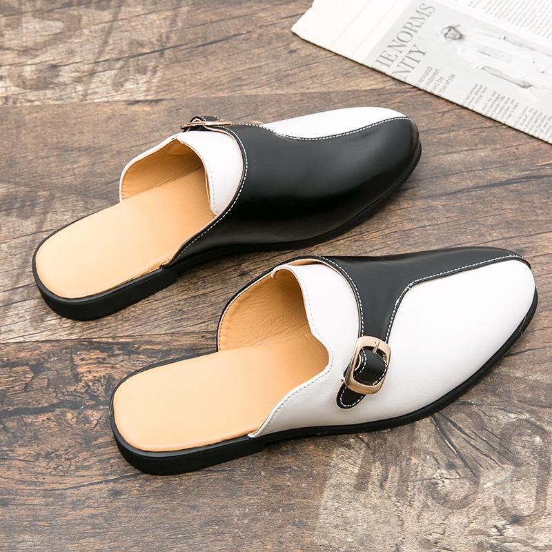 Cross46 Men's Large Summer Closed-Toe Leather Slip-Ons: Fashionable Retro Color Block Outdoor Shoes