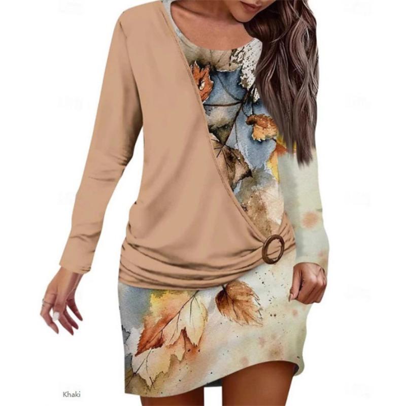 DAFIFY Women's Fashion Spring Fall Colour Block Print Long Sleeve O-Neck Loose Waistline Casual Dresses