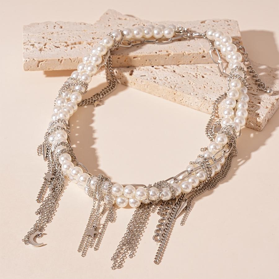 Personalized moon star chain tassel multi-layer imitation pearl necklace exaggerated temperament necklace