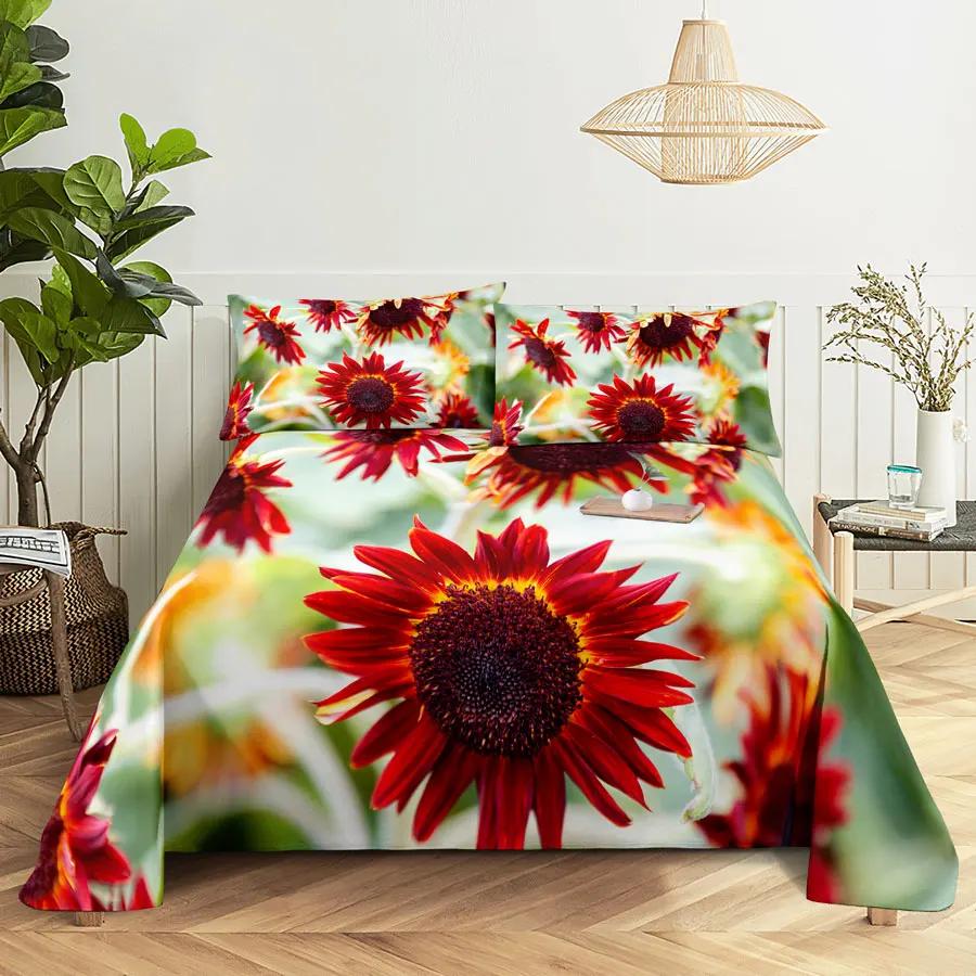 Sunflower Bed Sheet Sets Bouble Single Beds Flower Bedsheet with Pillow Case Full Queen Size 2pcs 3pcs 3D Soft Thin Fabric Home